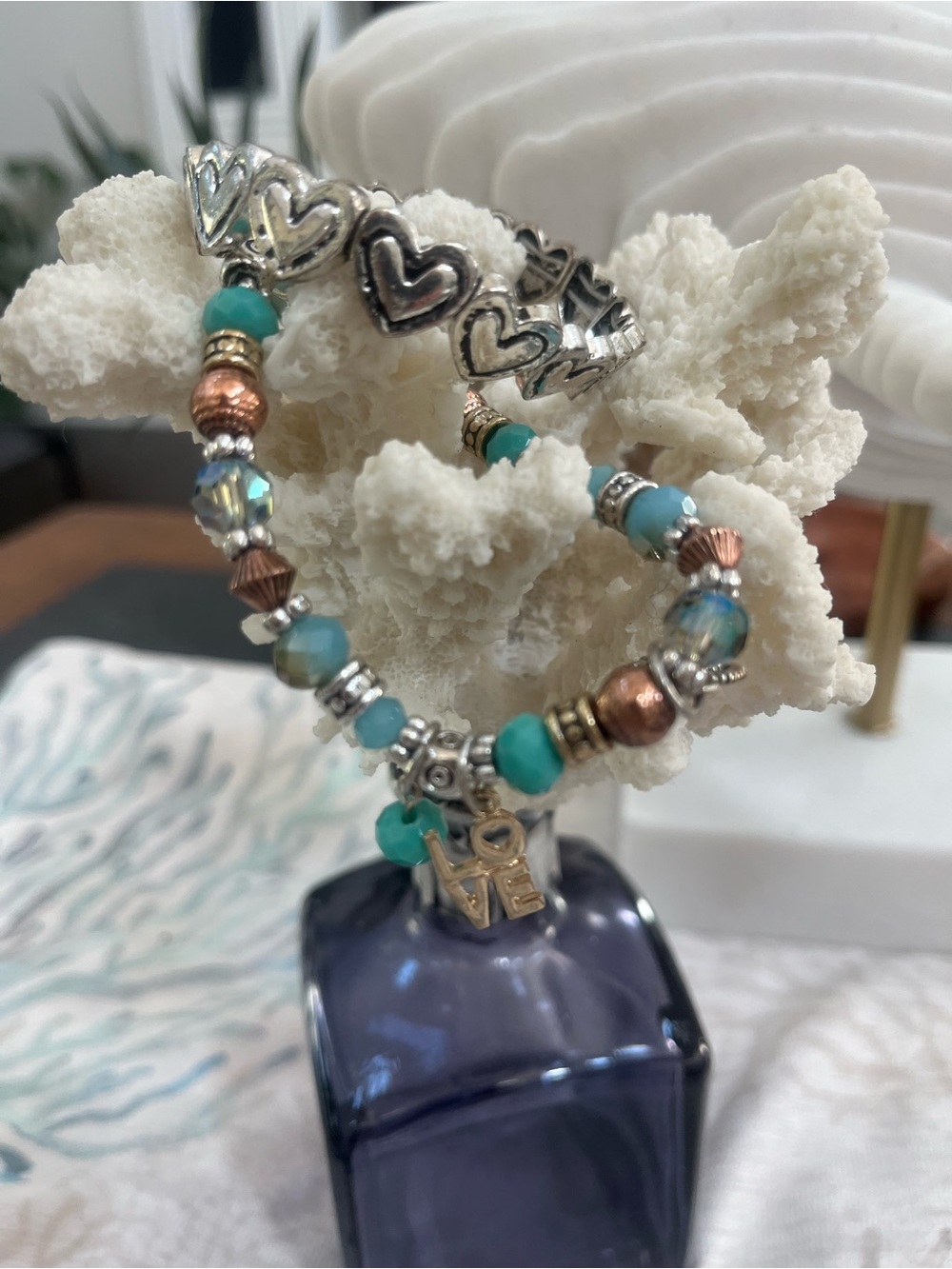 Brand New! Believe In™ Turquoise & Silver Heart Charm Bracelet -